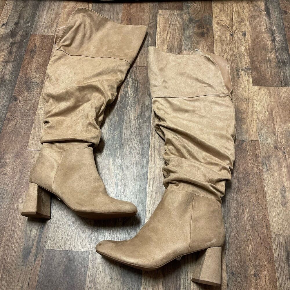 Women’s Beige Faux Suede Slouch Knee High Block Heel Square Toe Zip Boots 10